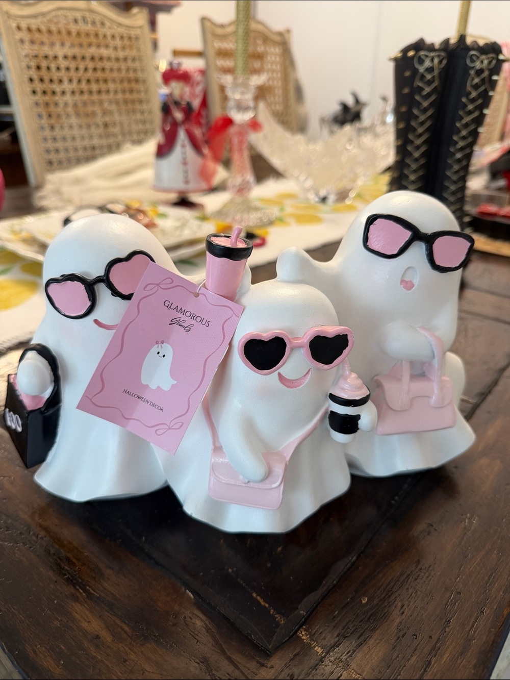 Glamorous Ghouls Halloween White/Pink/Black Ghost Figurine Trio Holiday Decor